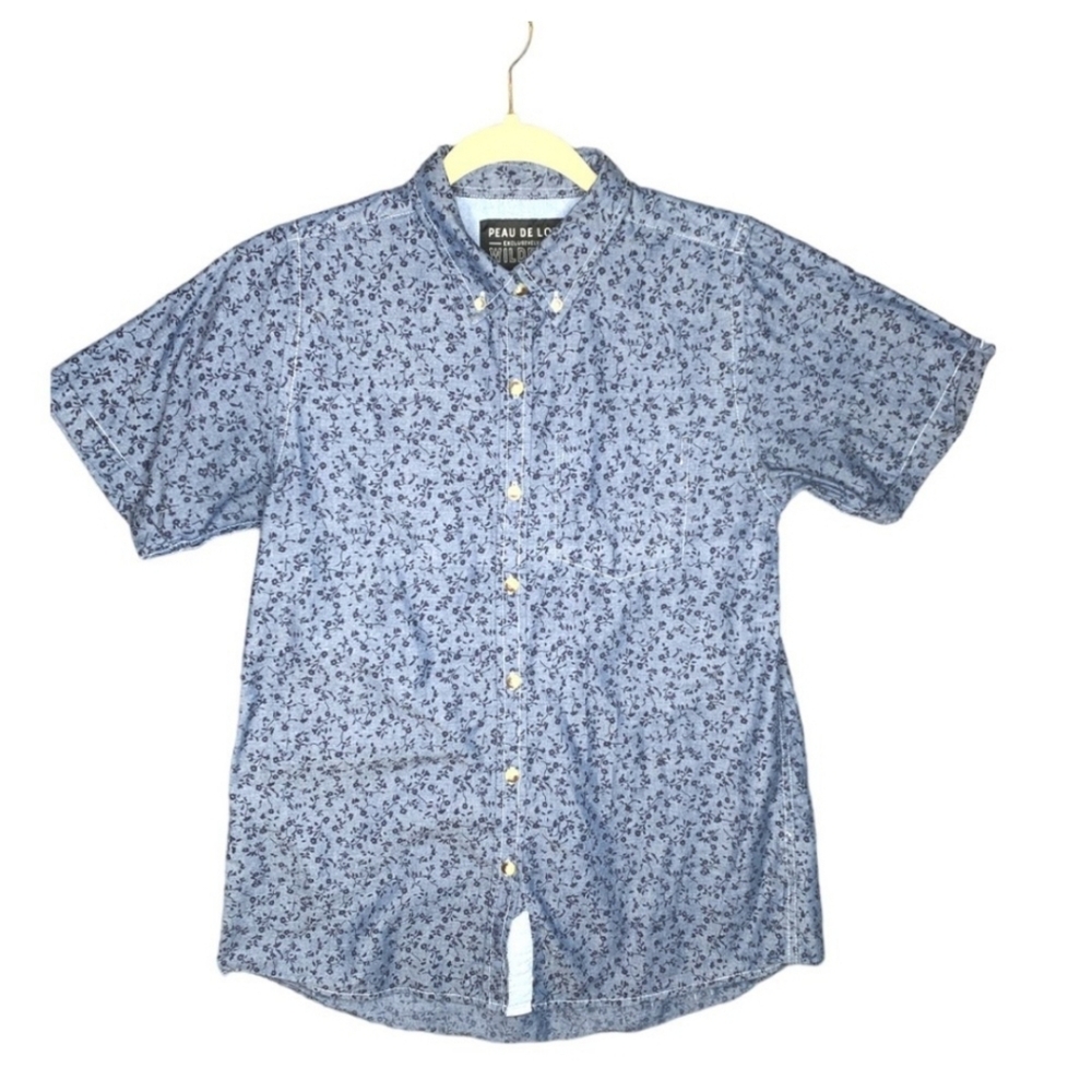 Wildfang Peau de Loup Essential Button Up Shirt Blue Floral Small Short Sleeve